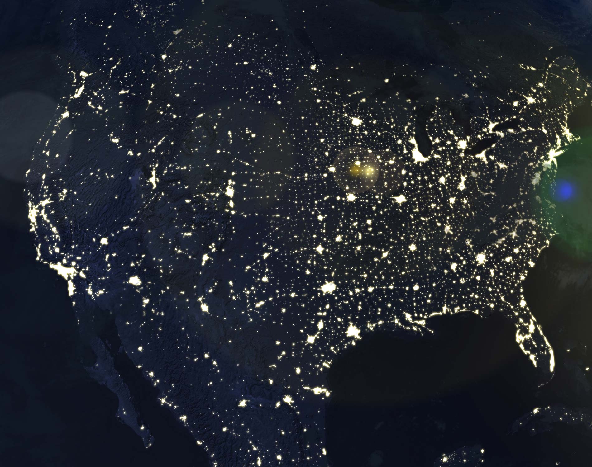 Satellite image of US at night