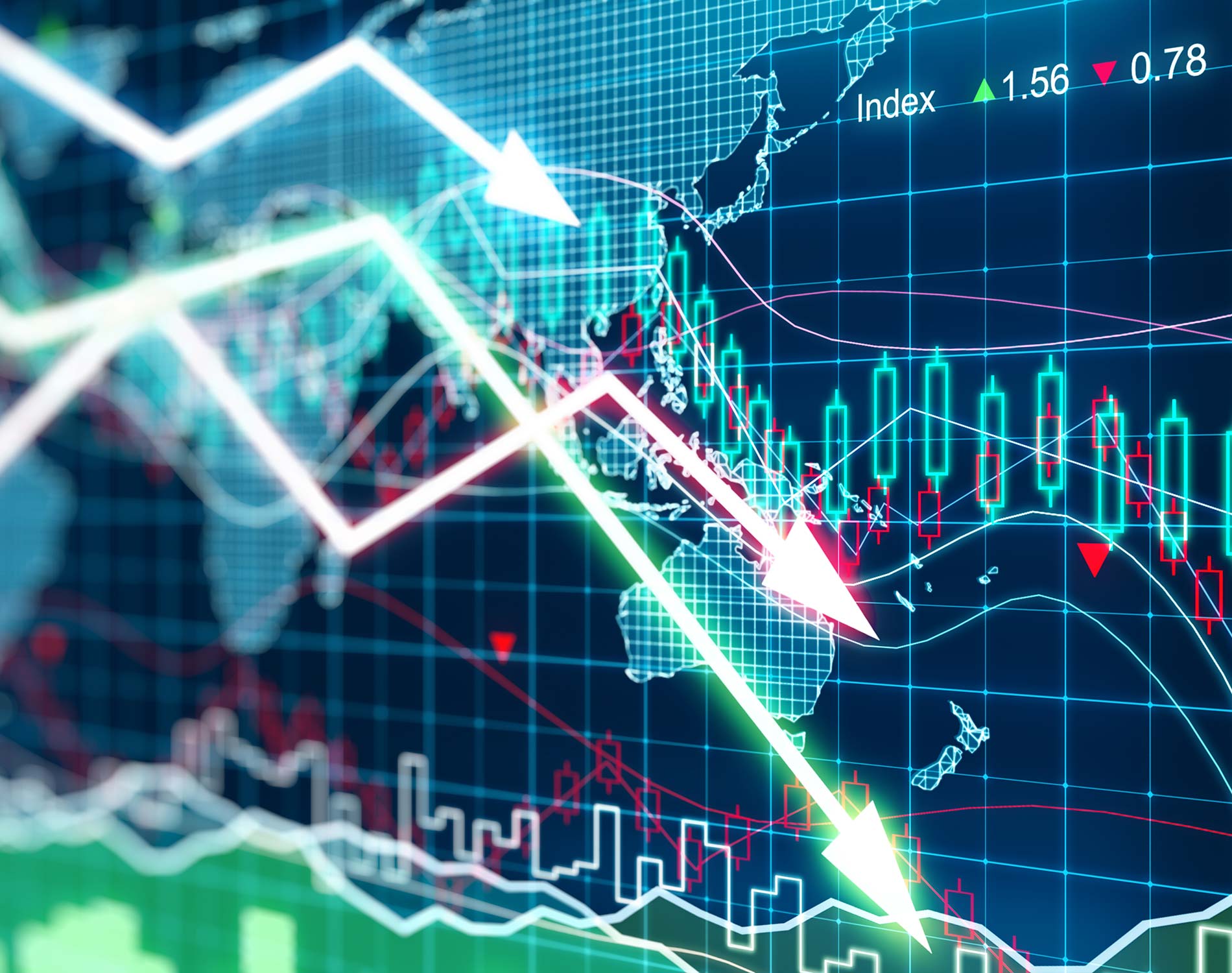 Business graph with arrows tending downwards 