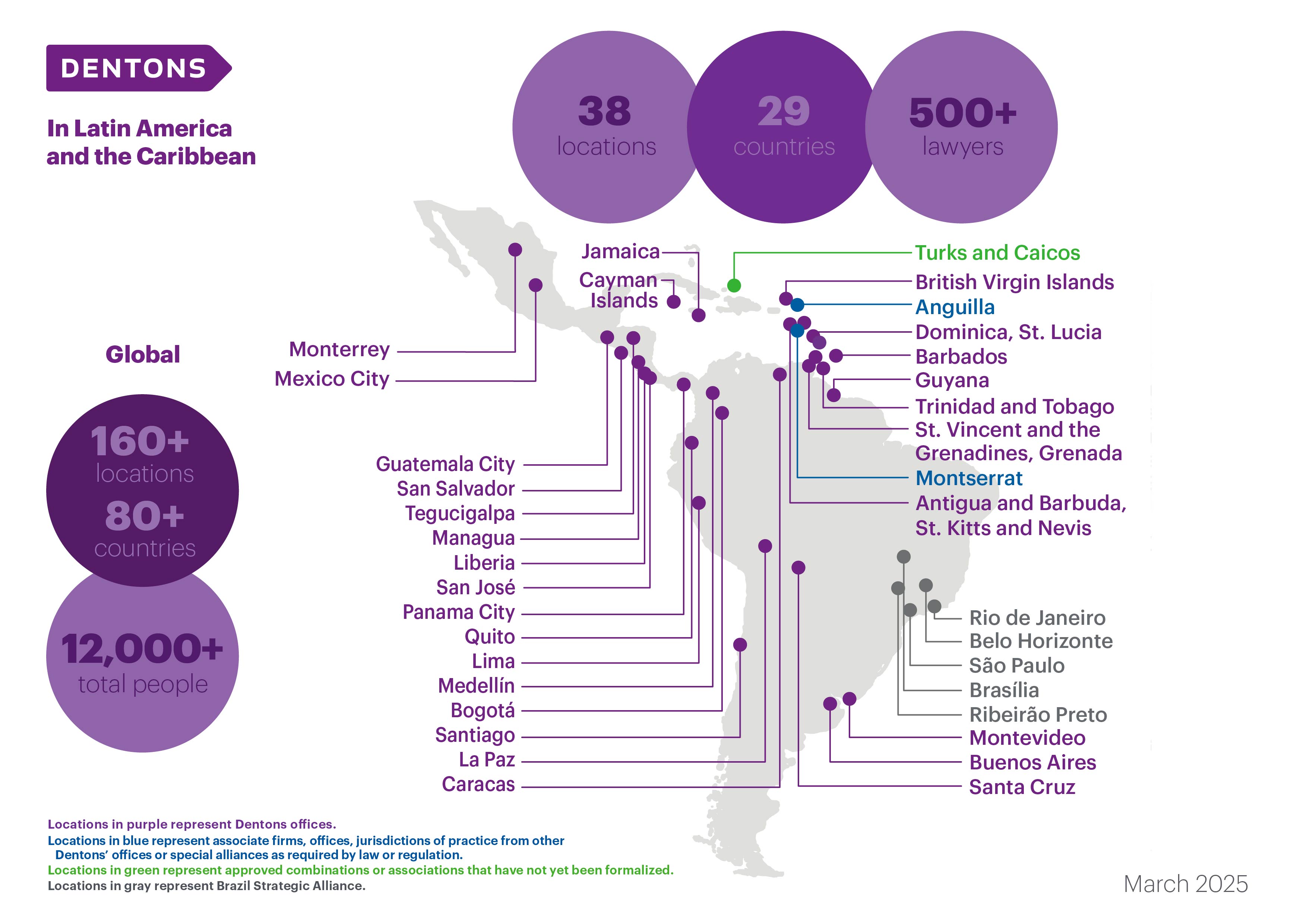 Dentons locations in Latin America and the Caribbean as of March 2025