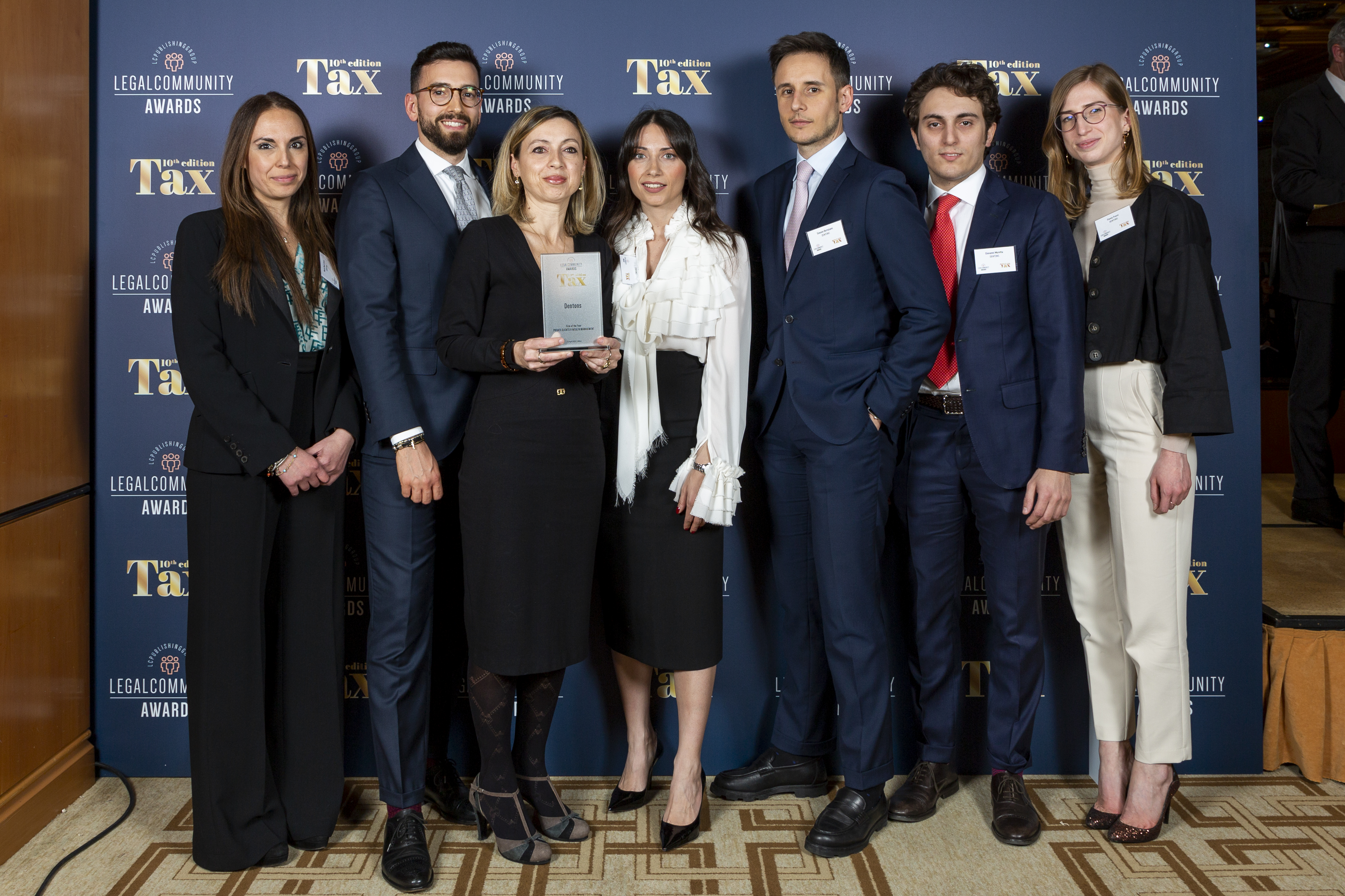 Dentons Italy Tax Team awarded as Firm of the Year Private Clients and Wealth at Legalcommunity Tax Awards 2023. From left to right: Maria Paola Serra, Alberto Bandini, Roberta Moscaroli, Mariateresa Soave Carparelli, Simone Bertolami, Giovanni Moretta and Flavia Fusco