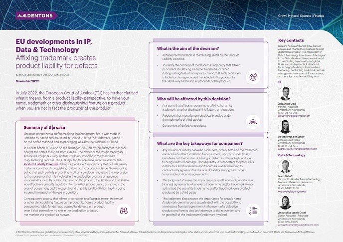 EU developments in IP, Data & Technology Affixing trademark creates product liability for defects