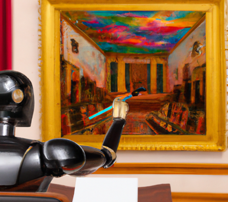 "Robot painting a picture of a courtroom" generated using DALL-E 2