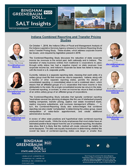 BGD SALT Insights - Indiana Combined Reporting and Transfer Pricing mar 2 2017