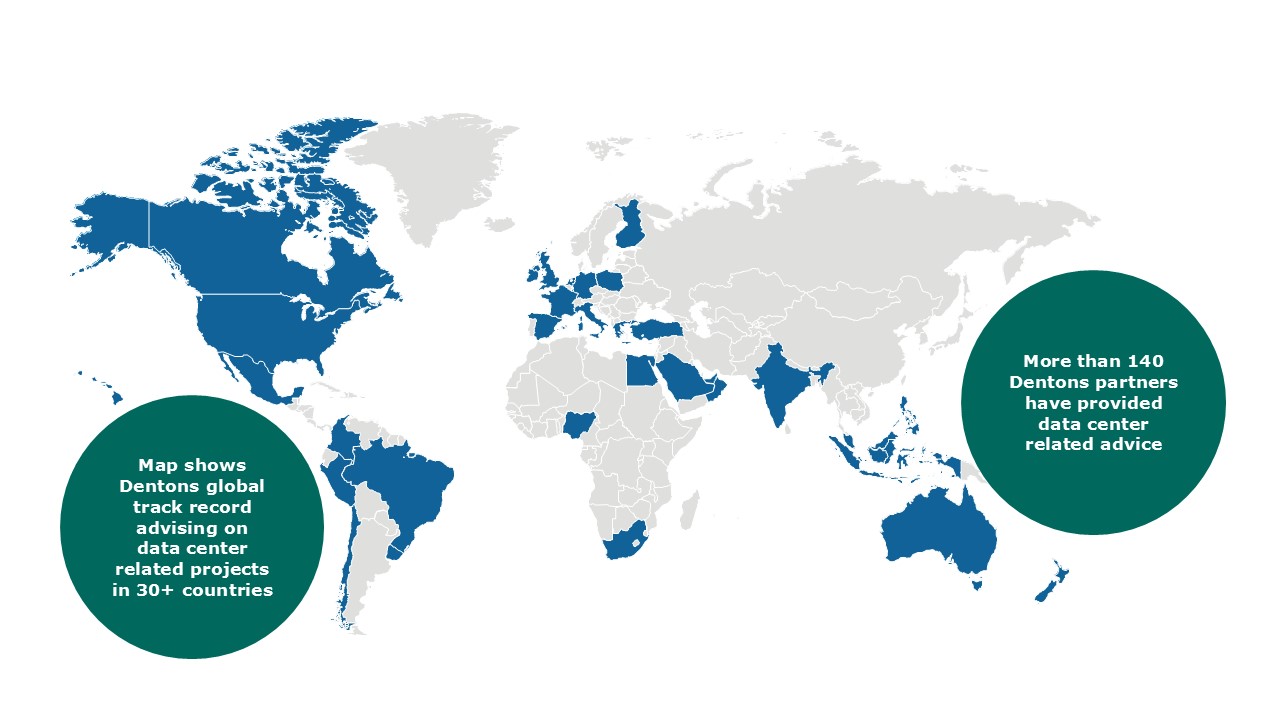Map depicting where Dentons has advised on data center projects