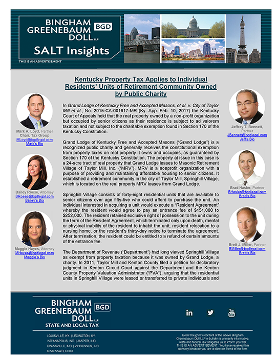 BGD SALT Insights_  Kentucky Property Tax Applies to Individual Residents Units mar 15 2017