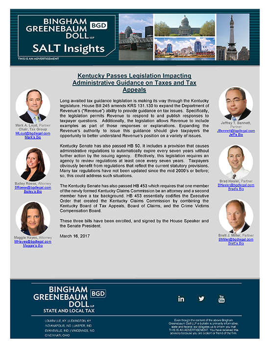 BGD SALT Insights_  Kentucky Passes Legislation Impacting Administrative Guidance mar 16 2017