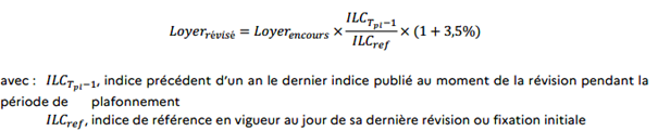 〖Loyer〗_révisé=〖Loyer〗_encours×〖ILC〗_(T_pl-1)/〖ILC〗_ref ×(1+3,5%)